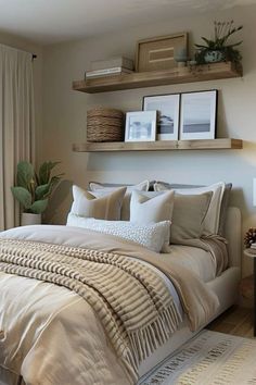 a large bed sitting in a bedroom next to two framed pictures on the wall above it