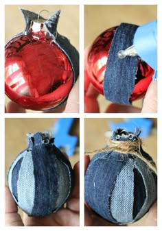 four pictures show how to make an ornament out of old jeans and fabric