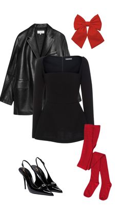 LBD , Leather jacket , red tights , kitten heels , bow . red aesthetic Red Tights Aesthetic, London Fits, Heels Bow, Tights And Heels, Holiday Party Outfit, Biker Leather, Outfit Idea