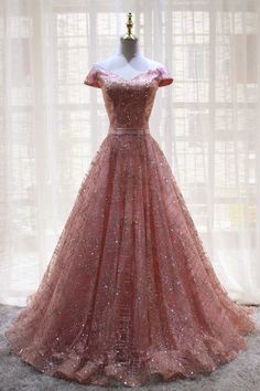 Unique pink tulle V neck long strapless evening dress with short sleeve Prom Dresses Cheap, Chic Prom Dresses, Party Wears, Sparkly Prom Dresses, Strapless Evening Dress, Interesting Outfits, Pink Prom Dress, 16 Dresses, Dresses Cheap