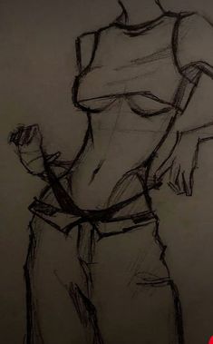 a drawing of a woman's torso with her hand on her hip while holding a cell phone