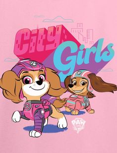 a pink shirt with two cartoon dogs and the word girls on it's chest