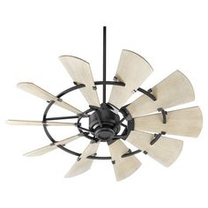 a ceiling fan with wooden blades hanging from it's center point on an isolated white background