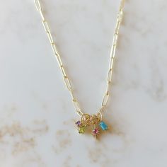 The perfect gift for the hard to buy! Our Family Charm Necklace features a paper clip chain with birthstone charms dangling from it. This necklace is perfect for layering or wearing alone to dress up your casual outfit. *Birthstone Charms are available in the shapes: teardrop, round, rectangle, and star *This chain necklace is available in: 16" length, 18" length, or 20" length Simple Gifts For Mom, Minimalist Charm Necklaces, Chain Charm Necklace, Dainty Charm Necklace, Diy Charm Necklace, Charm Necklace Ideas, Mom Necklaces, Homemade Necklace, Birth Stone Necklace