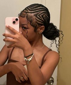 #hairstyles #blackgirl #braids #stitchbraids #straightbacks #mirrorpics #tribalbraids #style #hairinspo Straight Back Braids Into Two Buns, Straight Back With Curls Braids, Alicia Keys Braids With Curls Bun, Corn Rows Ponytail Hairstyles, Design Scalp Braids, Feed In With Bun, Alicia Keys Braids With 2 Buns, Feed In Braids Cornrows Straight Back Bun, Straight Backs With Bun