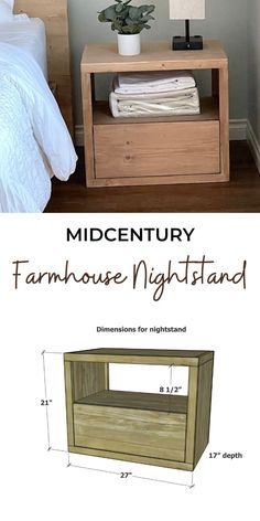 an image of a nightstand made out of wood with measurements for the top and bottom