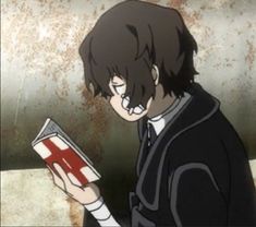 an anime character is reading a book in front of a rusted metal pipe and looking at it