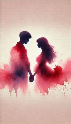 two people holding hands in front of a red and pink background