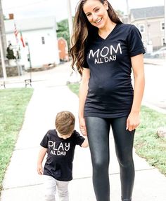 Mom all day Play all day matching mom and kid tees! Adult shirt is in UNISEX SIZING 4.2 oz., 100% airlume combed and ringspun cotton Coverstitched v-neck and hemmed sleeves Child Shirt 100% combed ringspun cotton fine jersey Topstitched ribbed collar Washing Instructions: Wash on cold and delicate to preserve the life of the shirt Mom And Son Outfits, Mom And Me Shirts, Mommy And Me Shirts, Shoot Poses, Play All Day, Mommy And Son, Mommy And Me Shirt, Matching Mom, Cute Shirt Designs