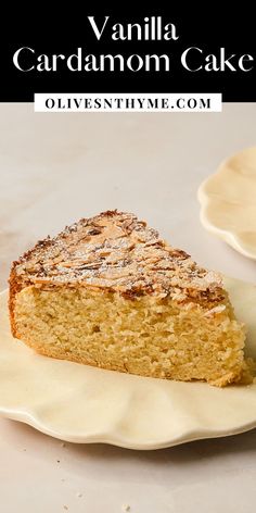 a slice of vanilla cardamoon cake on a plate