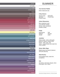 True Summer Combinations, Dark Summer Color Palette, Hoc Summer, Color Magick, Cool Summer Palette, Dusky Summer, Light Summer Color Palette, Summer Color Palettes