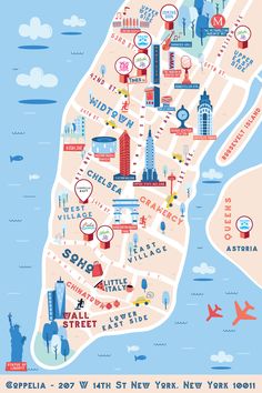 an illustrated map of the city of new york, with all its major landmarks and attractions