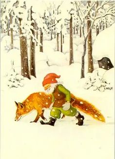 a painting of a person riding a fox in the snow