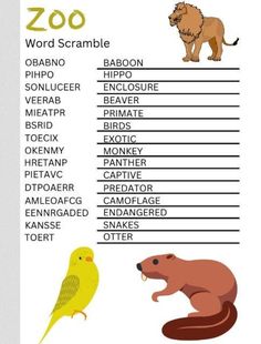 the zoo word scramble is shown with animals