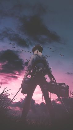 a man standing in front of a purple sky with birds flying over him and his back to the camera