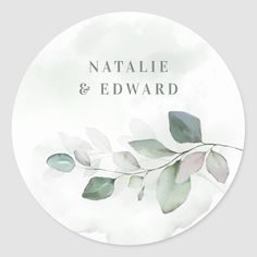 a round wedding sticker with leaves on it