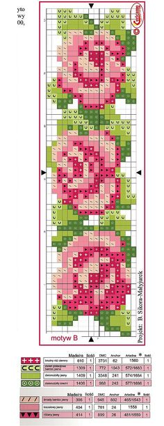 a cross stitch pattern with pink flowers on green and red squares, in the shape of roses