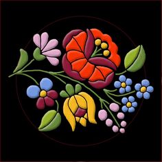 an embroidery design with flowers and leaves on a black background is featured in this image