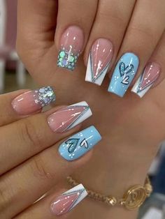 Multicolor  Collar   Colorblock,Geometric Color Nails Embellished   Nail,Hand & Foot Care Unghie Nail Art, Glitter Nails Acrylic, Short Fake Nails, Butterfly Nail Art, Nagel Tips, Manicure Tips, Her Nails, Manicures Designs, Nailed It