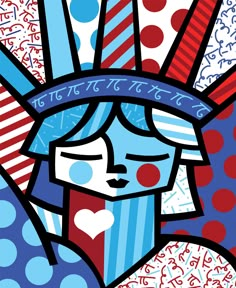 a painting of a woman with red, white and blue stripes on her head is surrounded by confetti