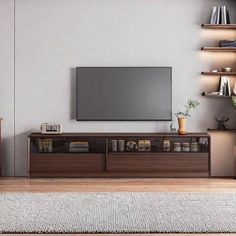 This minimalist TV stand combines sleek design with practical storage. It features open and closed compartments, sliding glass doors, and handcrafted joinery for a modern yet timeless look. Creature B Comforts Color: Dark Brown | Creature B Comforts Retro simple design sense TV cabinet brown / greenWood / Glass in Dark Brown | 88" | Wayfair Minimalist Tv Stand, Sliding Glass Doors, Tv Stands And Entertainment Centers, Practical Storage, Tv Cabinet, Living Room Tv, Comfort Color, Tv Cabinets, Sliding Glass Door