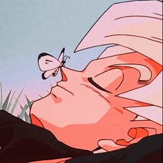 an animated image of a man laying down with a butterfly on his nose and eyes closed