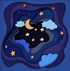 paper cut art with stars and clouds in the night sky