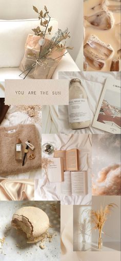 a collage of photos with different items and words on them, including an open book