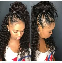 Cheerleading Hairstyles Black Hair, Feed In Ponytail Braids With Curls, Back To School Hair Black Teens, Up Down Hairstyles For Black Women, Feed In Braids Hairstyles Updos, Braided Ponytail With Curls, Half Cornrows Half Curly Weave, Ponytail Hairstyles For Black Women, Black Hair Updo Hairstyles