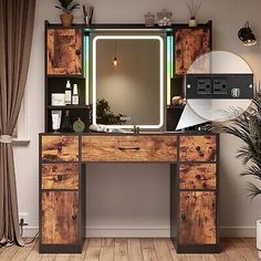 a wooden desk with a mirror and potted plant