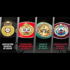 five different types of boxing belts with the names of their respective fighters in each one