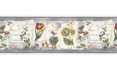 a decorative wallpaper border with flowers and butterflies on the borders, along with an old map