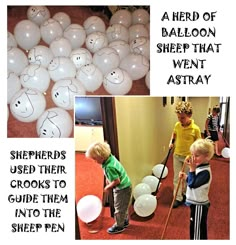 there are pictures of children playing with balloons and other things in the room that include sheeps