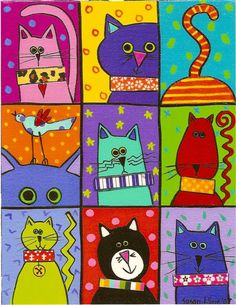 a painting of cats with different colors and patterns