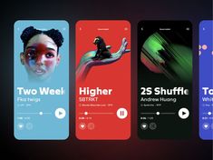 four mobile phone screens with different music player icons on them, all displaying the same theme