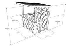 an outdoor sauna with measurements for the roof