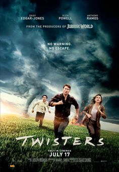 the movie poster for twisters starring two young people running through a field with an ominous sky in the background