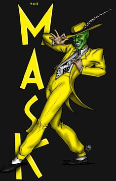 a drawing of a man in yellow suit and hat with the words mask on it