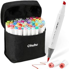 a black bag filled with markers and pens