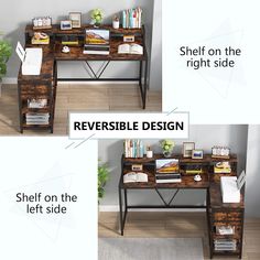 two different views of a desk with shelves on each side and an open shelf on the other side