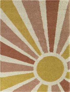 a rug with sunbursts on it in red, yellow and white colors