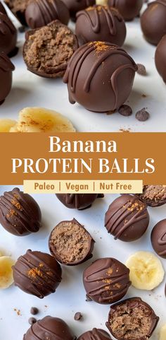 chocolate covered banana protein balls on a white surface with text overlay that reads,'bananas protein balls '