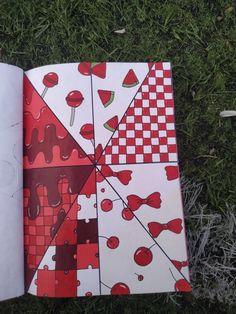 an open book sitting on top of a grass covered field next to a red and white piece of paper