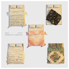 four different types of blankets and comforters in various sizes, colors and patterns on a white background