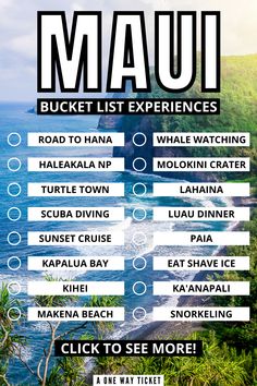 an advertisement for the mau bucket list experience in hawaii, with information about what to see and where to go