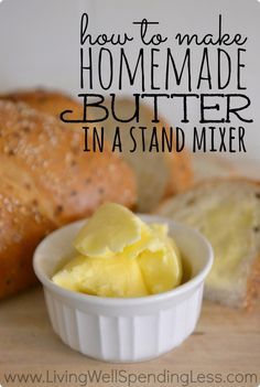 homemade butter in a small white bowl next to bread