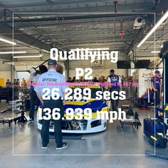 two men standing in front of a racing car with the words qulifying p2 26