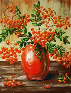 a painting of an orange vase with red flowers in it on a wooden table next to a wall