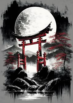 Black Posters, Mountain Temple, Japanese Gate, Torii Gate, Chinese Landscape, Japon Illustration, Japanese Landscape, Art Japonais