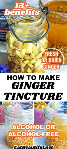 Jar of fresh ginger being made into tincture + 2 process photos using dried ginger Ginger Tincture, Dried Ginger, Tinctures Recipes, Eat Beautiful, Herbal Medicine Recipes, Herbal Remedies Recipes, Menstrual Pain, Herbal Tinctures, Herbal Recipes